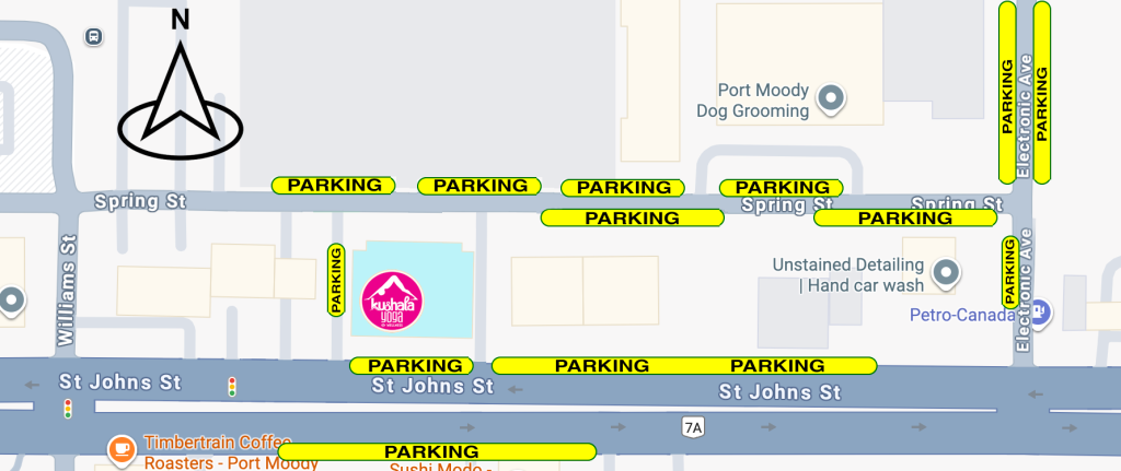 Map showing free parking near Kushala Yoga on St. Johns Street, Spring Street, and Electronic Avenue in Port Moody