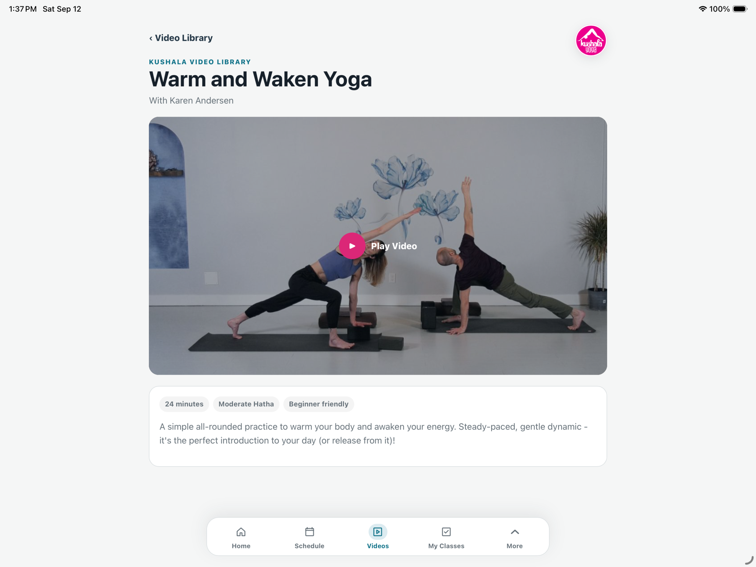 A yoga class playing in the Kushala Video Library app
